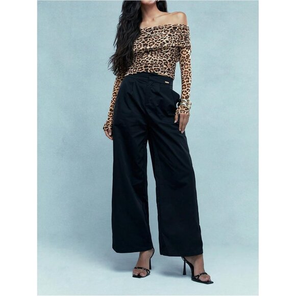 Women's Mesh Leopard Print Crop Top Long Sleeve Off Shoulder Slim Fit - Picture 4 of 5